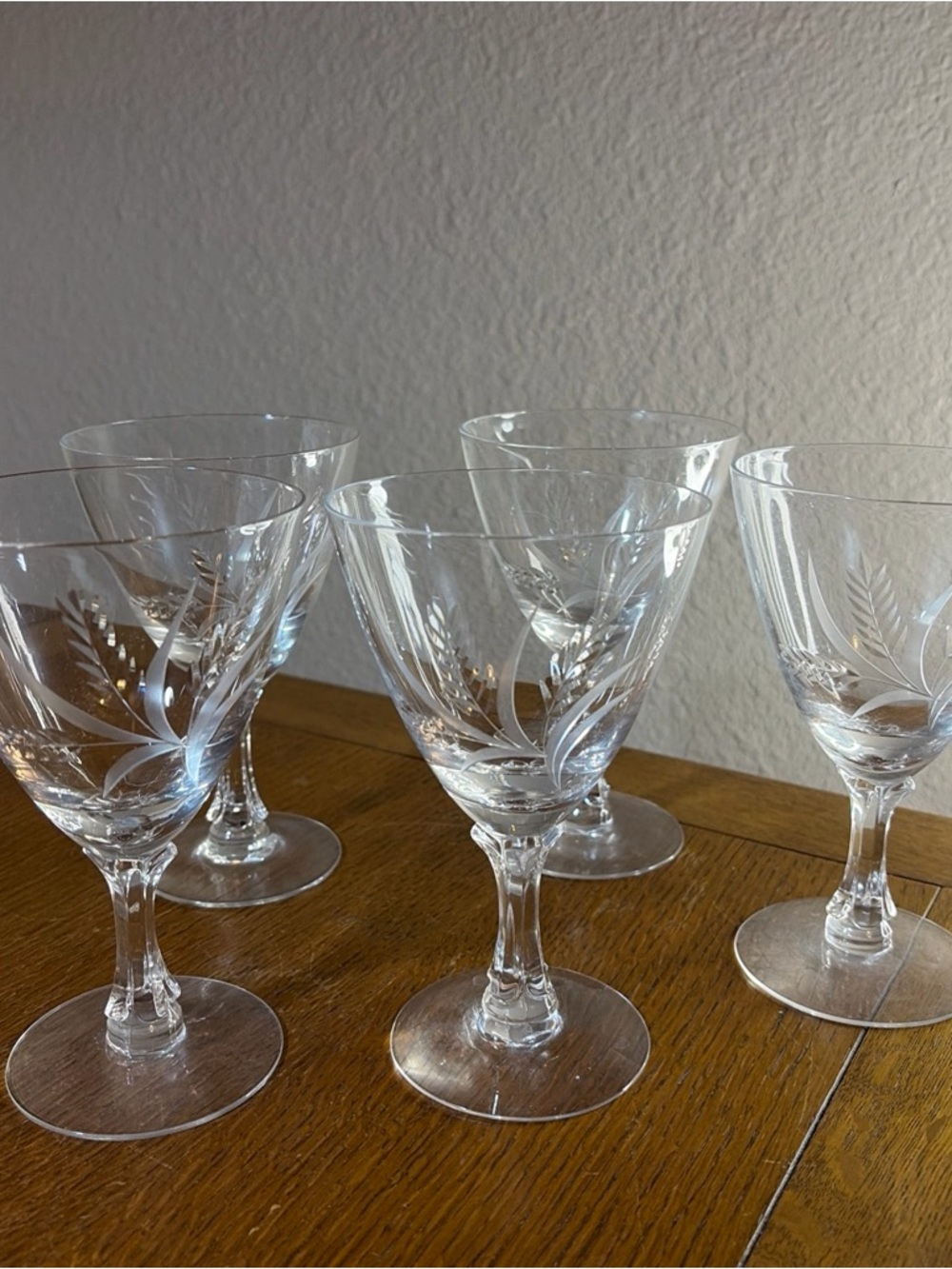 Vintage Fostoria Set of 5 Crystal Etched wheat pattern Stemware Wine Glasses 6”